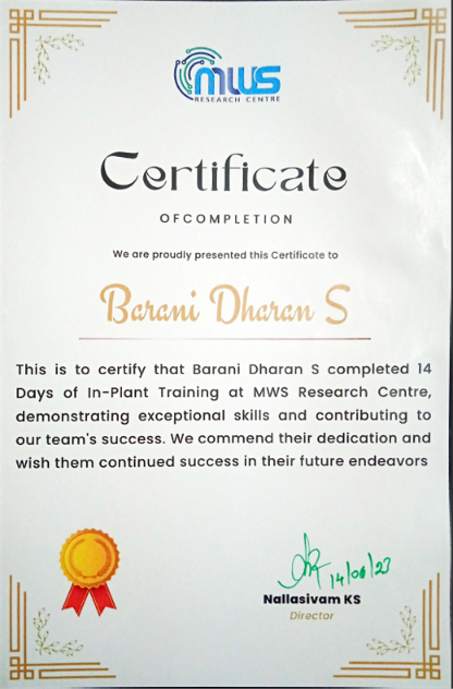 MOBITECH Wireless Solution Internship Certificate